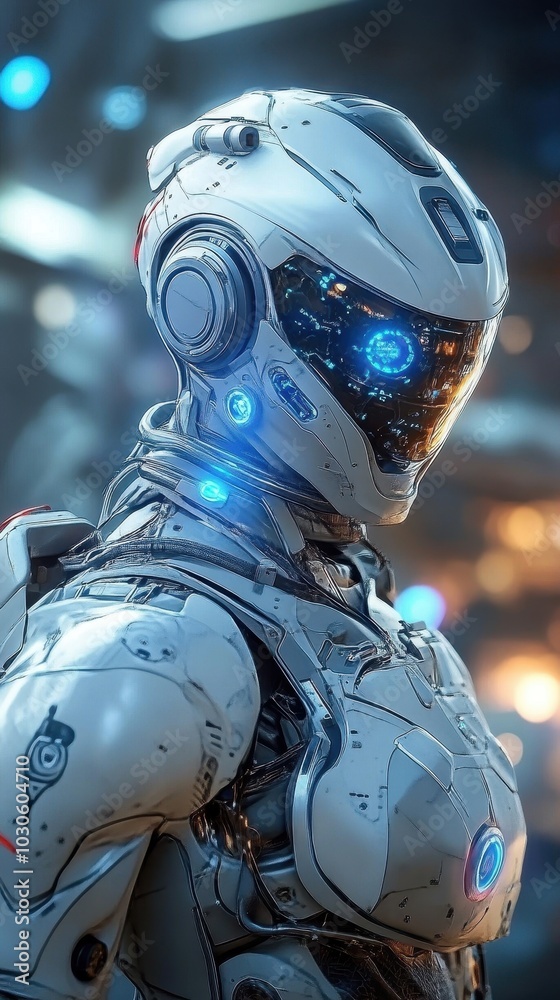AI-controlled soldier in sleek battle suit, standing in front of glowing base, future military tech AI-controlled soldier in sleek battle suit, standing in front of glowing base, future military tech