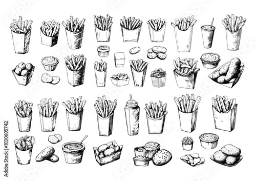 Crispy fried potato Ink sketch vector set. Paper bags cups plates gravy sauces quick snack vegetable boiling oil dips chips street food grayscale monochrome artworks isolated on white background