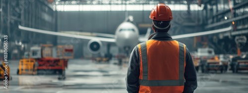 A male worker wearing safety gear stands in an industrial hangar, observing an airplane. This high-fidelity image captures the essence of aviation maintenance and safety.