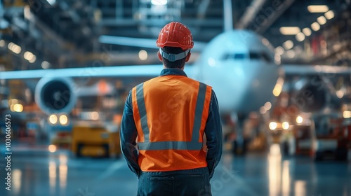 A male worker stands in a safety vest and helmet, overlooking an industrial environment with an airplane in the background. Focused on safety and professionalism.