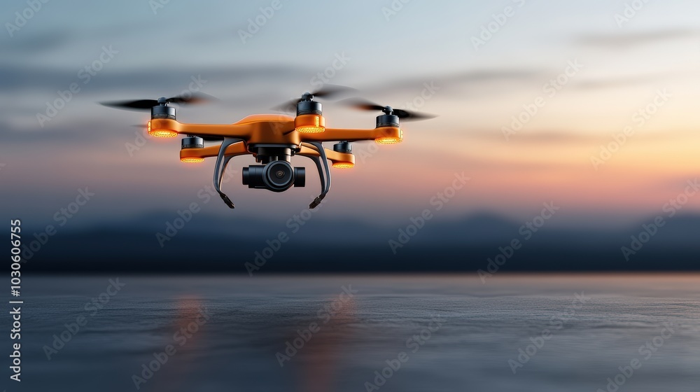 Drone flying over a reflective surface at sunset, showcasing modern aerial photography. Drone flying over a reflective surface at sunset, showcasing modern aerial photography.