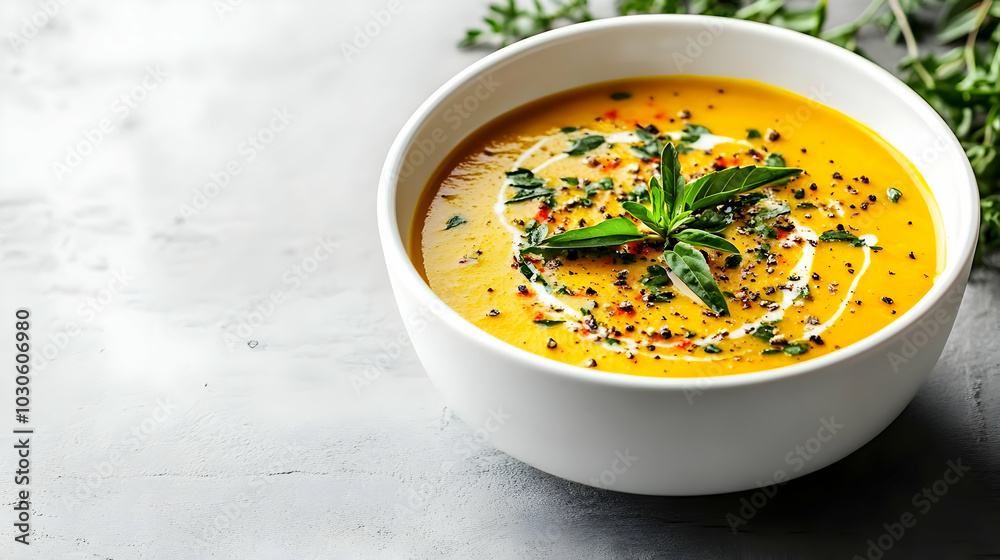 Close-up of a Bowl of Creamy Yellow Soup with Green Herbs and Pepper, Served on a Grey Surface Close-up of a Bowl of Creamy Yellow Soup with Green Herbs and Pepper, Served on a Grey Surface