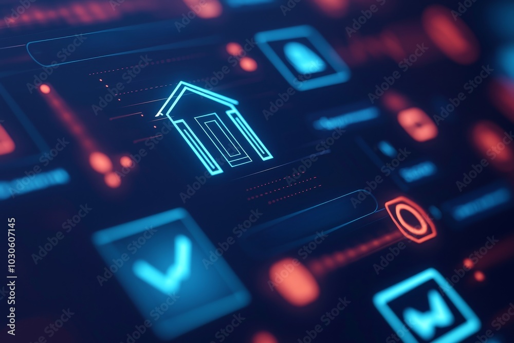 A digital representation of a network interface featuring a house icon amidst colorful data elements, emphasizing smart home technology. A digital representation of a network interface featuring a house icon amidst colorful data elements, emphasizing smart home technology.