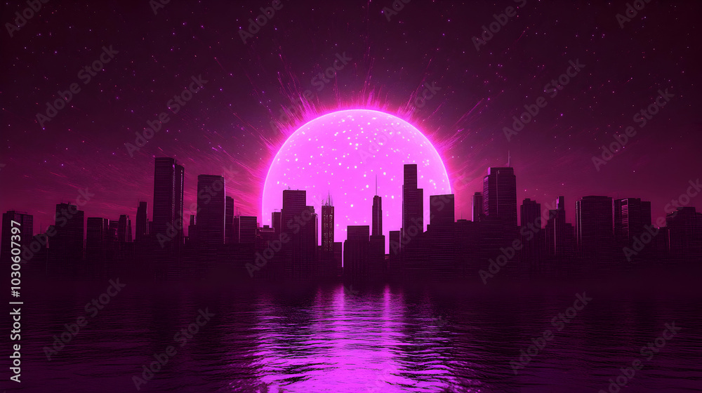 A Futuristic City Skyline with a Glowing Pink Sun and Stars A Futuristic City Skyline with a Glowing Pink Sun and Stars
