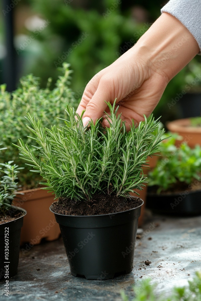 Hand touching rosemary plant in a garden center surrounded by various herbs in pots Hand touching rosemary plant in a garden center surrounded by various herbs in pots