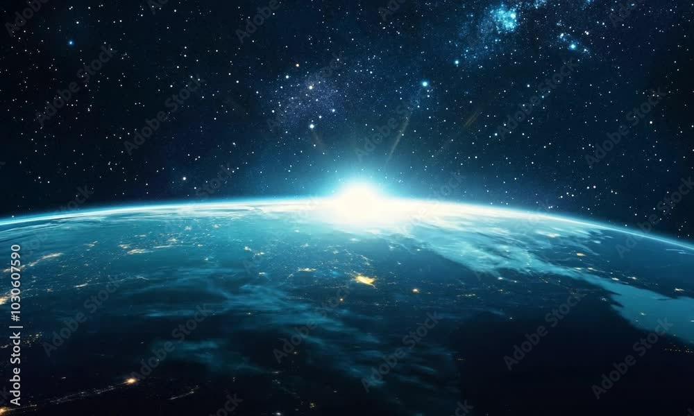 A view of Earth from space, showing the planet's curvature, city lights, and a starry sky with shooting stars. A view of Earth from space, showing the planet's curvature, city lights, and a starry sky with shooting stars.