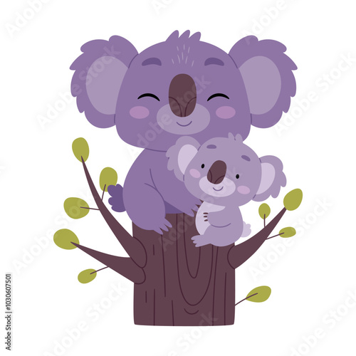 Cartoon mother koala and her baby sitting on a tree.Cartoon flat illustration on a white background.