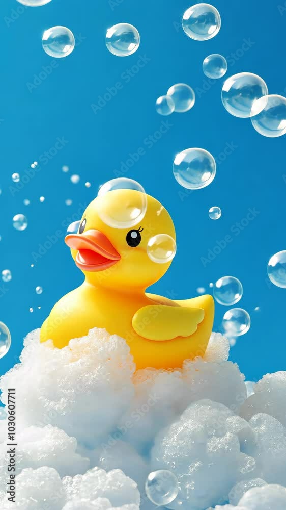 Rubber duck with bubbles on blue background, playful bath time concept Rubber duck with bubbles on blue background, playful bath time concept
