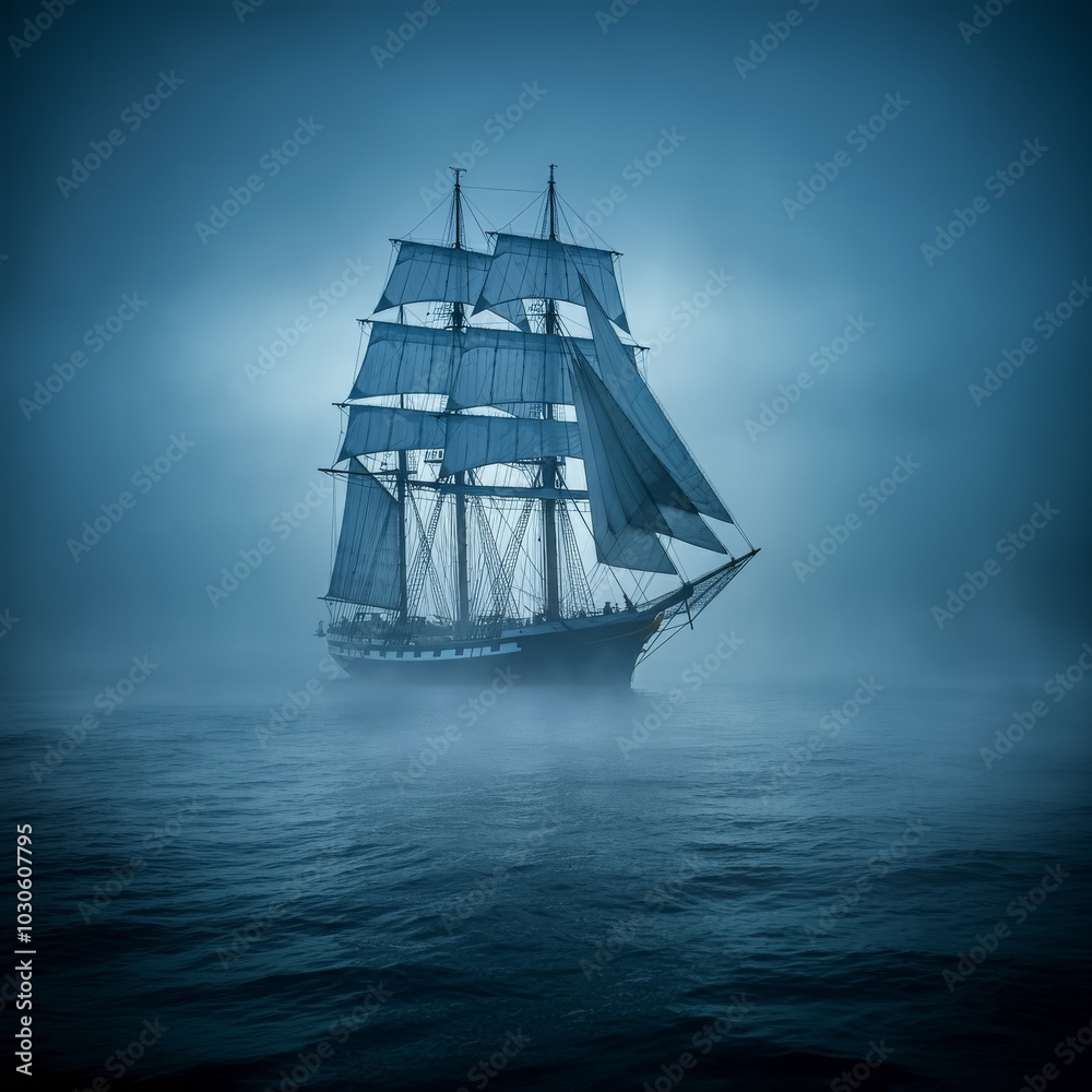 Fototapeta premium A ghost ship emerges from the Halloween fog