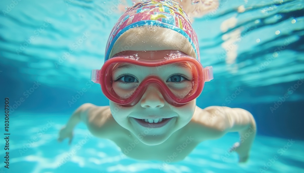 Naklejka premium A joyful child in swimming goggles enjoys an underwater swimming lesson, showcasing excitement and confidence in the water during a sunny day.