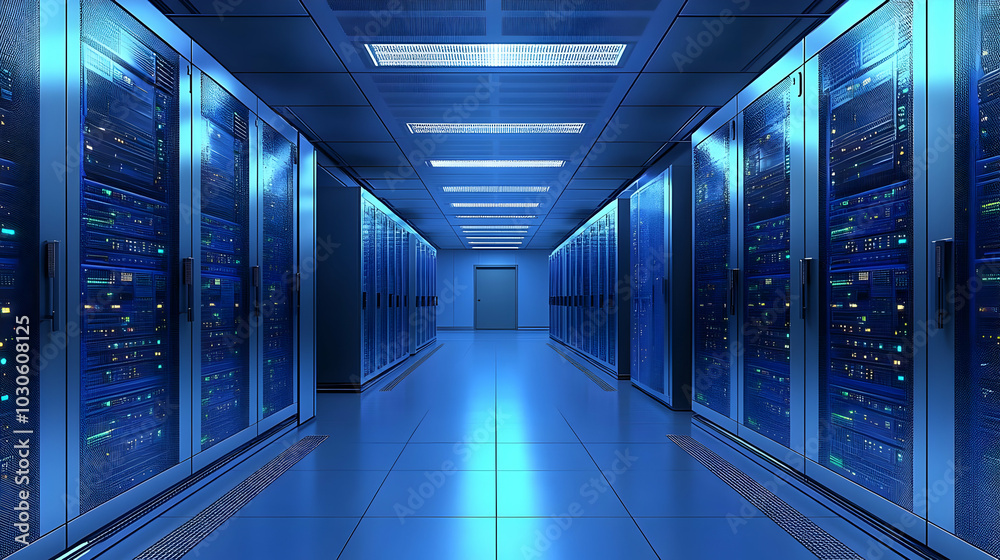 3D Render of a Data Center Corridor with Rows of Servers Illuminated by Blue Lights 3D Render of a Data Center Corridor with Rows of Servers Illuminated by Blue Lights