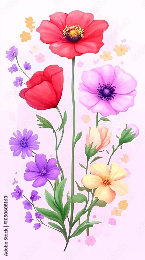 A bouquet of vibrant wildflowers in shades of red, pink, yellow, and purple on a white background. A bouquet of vibrant wildflowers in shades of red, pink, yellow, and purple on a white background.