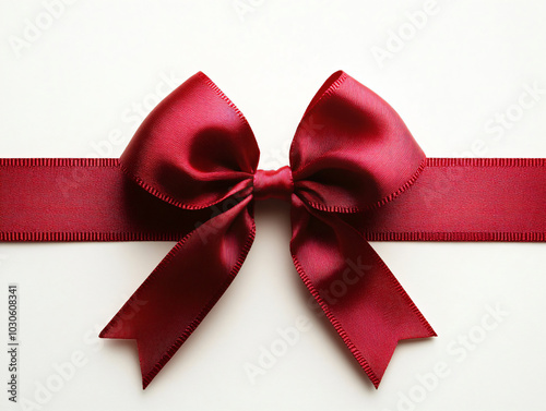 Decorative shiny atlas red ribbon with bow isolated on white background. Red band satin strip for Valentine's, birthday gift. Wrapping for Christmas party, Father's, Women's day gift. Black friday. photo