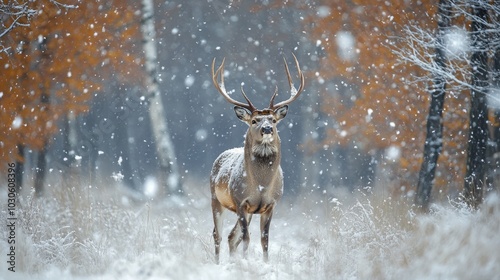 Majestic stag standing in a snowy forest during a quiet winter day with falling snowflakes