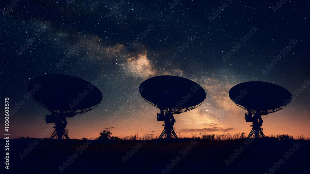 Silhouettes of Three Satellite Dishes Against a Starry Night Sky with the Milky Way Galaxy Visible Silhouettes of Three Satellite Dishes Against a Starry Night Sky with the Milky Way Galaxy Visible