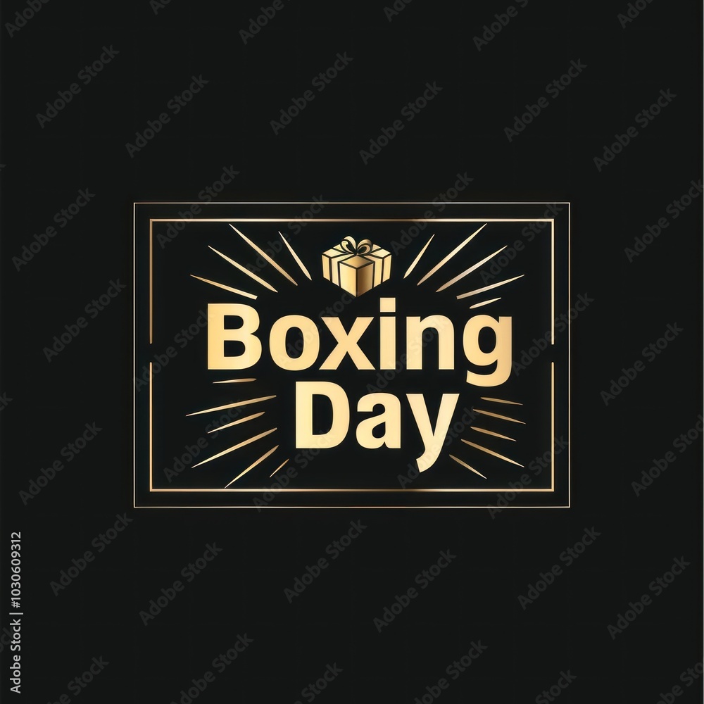 Fototapeta premium Boxing Day celebration with gift icon in glowing gold on black background
