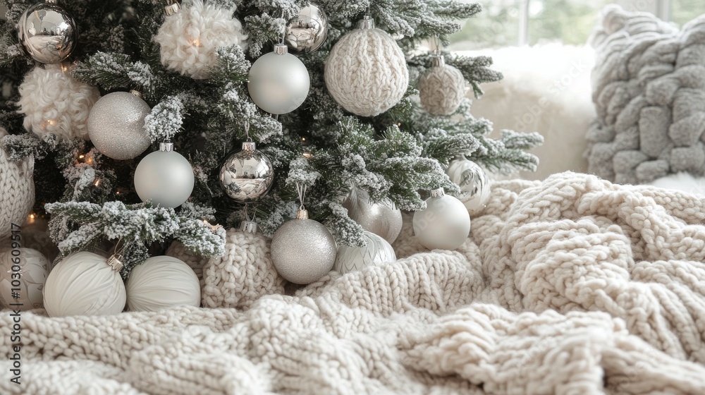 Cozy winter holiday scene with a decorated Christmas tree and soft blankets indoors Cozy winter holiday scene with a decorated Christmas tree and soft blankets indoors