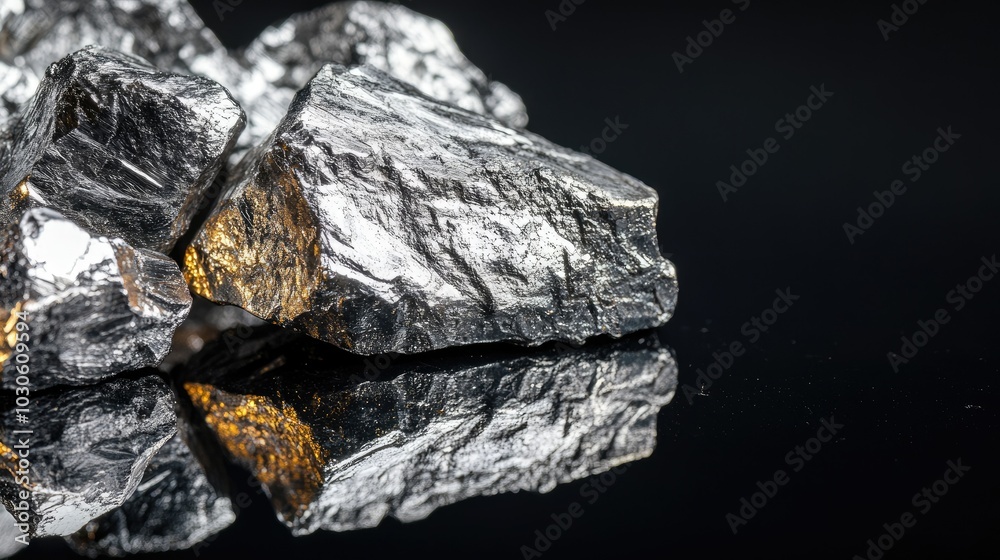 Naklejka premium raw material Platinum and Chrome Ore rock isolated on black reflective background.