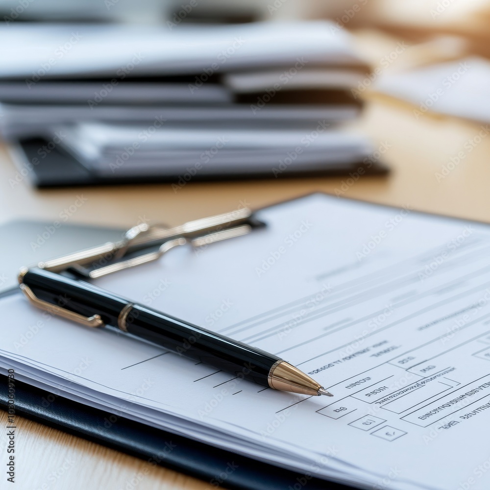 A pen rests on a clipboard filled with documents, highlighting themes of organization, paperwork, and productivity in an office setting. A pen rests on a clipboard filled with documents, highlighting themes of organization, paperwork, and productivity in an office setting.