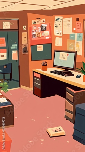 A cluttered office space with a desk, computer, and filing cabinets.