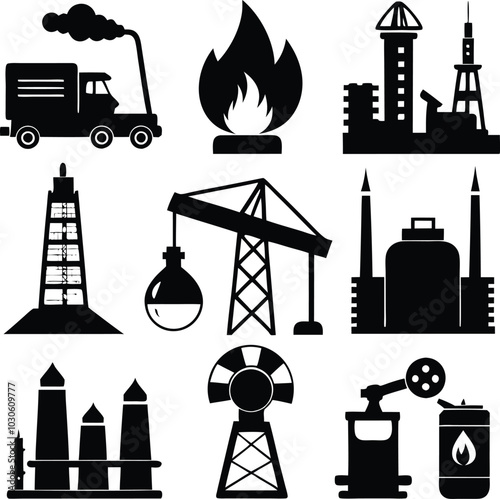 Black and White Vector Icons: Oil and Gas Industry, Factory, Truck, Flame, Crane, Tower, Industrial Plant, Energy Production