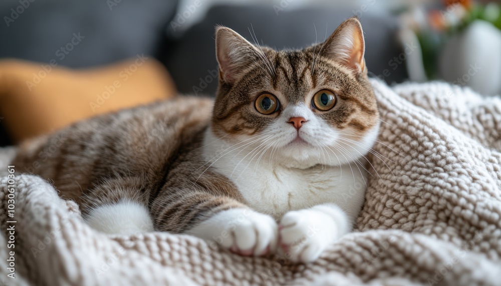 A cozy cat lounging on a soft blanket in a modern living room setting, showcasing a moment of tranquility and comfort. Perfect for animal lovers. A cozy cat lounging on a soft blanket in a modern living room setting, showcasing a moment of tranquility and comfort. Perfect for animal lovers.