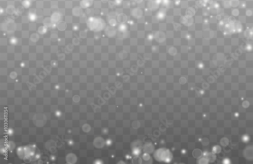 White png dust light. Bokeh light lights effect background. Christmas background of shining dust Christmas glowing light bokeh confetti and spark overlay texture for your design. 