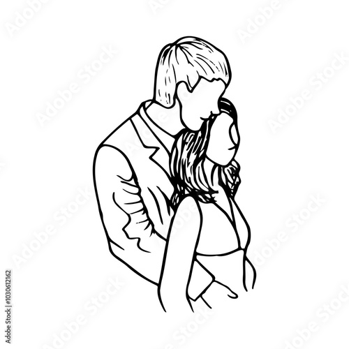 couple drawing man hugging woman from back - hand drawn line sketch