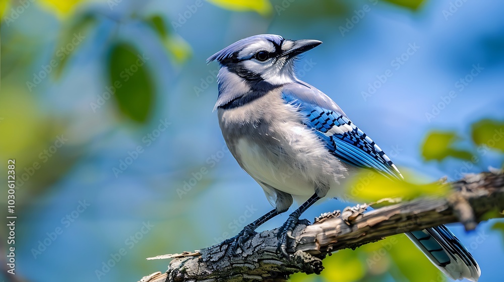Obraz premium Close-up of a blue perched on a tree branch with a bright blue sky background.