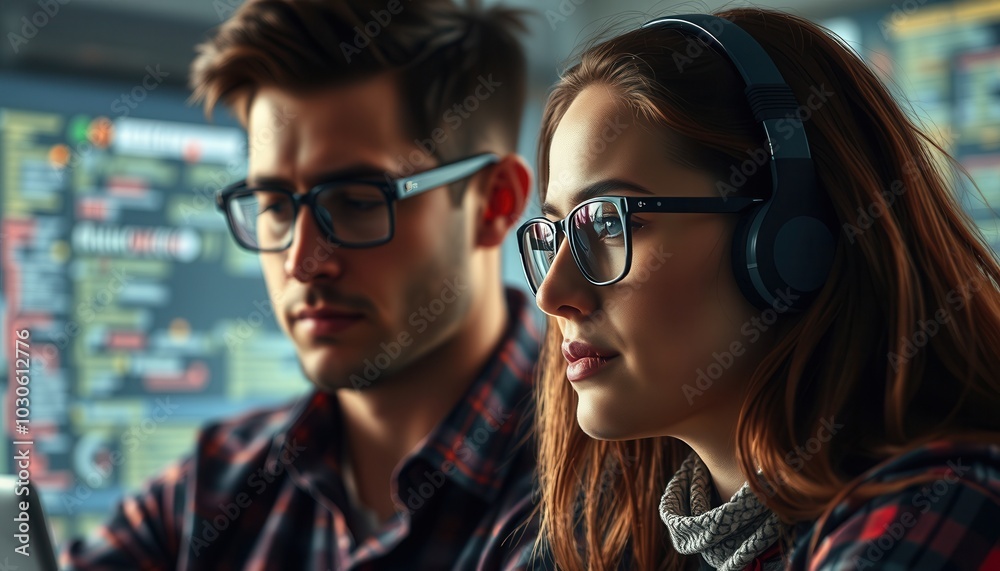 Obraz premium Engaged in deep concentration, a man and woman collaborate in a tech environment, surrounded by screens filled with code and ideas, highlighting their synergy and creativity