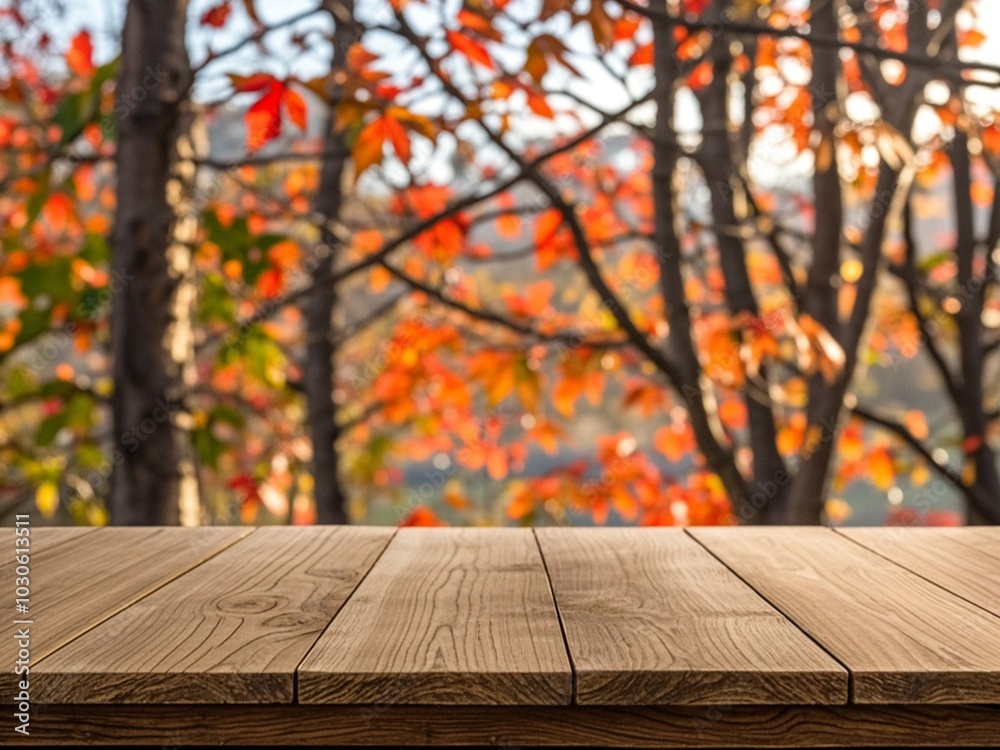 Empty wood table top and blurred autumn tree and red leaf background