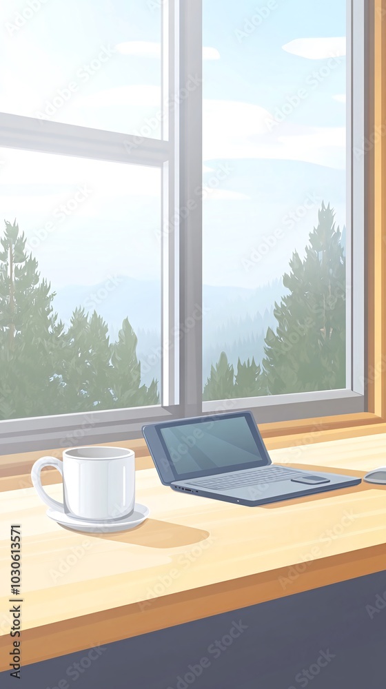 Fototapeta premium A laptop, a cup of coffee and a window with a view of a mountain.
