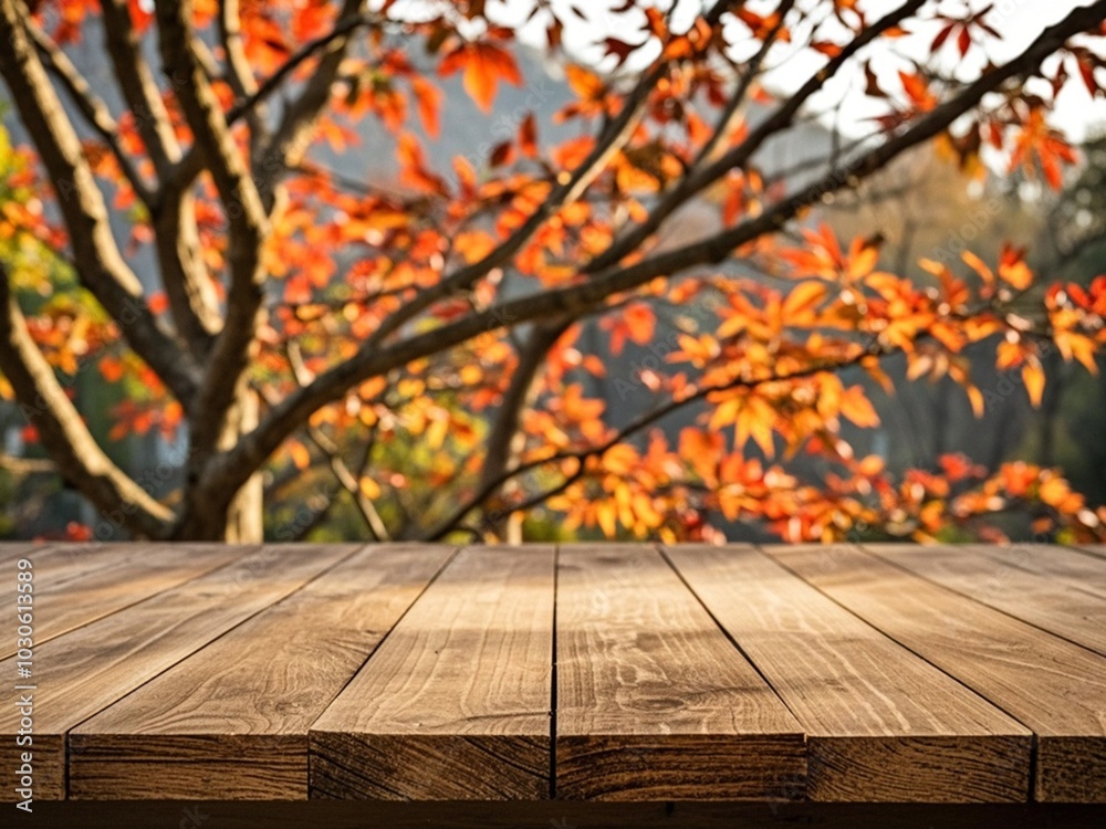 Empty wood table top and blurred autumn tree and red leaf background