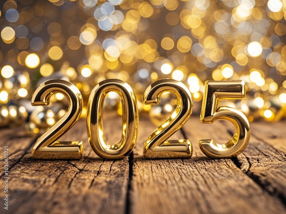 2025 New Year Celebration. Golden 2025 Number on wooden table, with bokeh lights in the background. New Year's Eve Celebration. Christmas is the celebration season. holiday. Space for text.