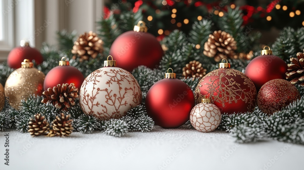 Festive arrangement of Christmas ornaments and pinecones.
