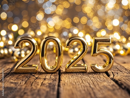 Obraz na płótnie 2025 New Year Celebration. Golden 2025 Number on wooden table, with bokeh lights in the background. New Year's Eve Celebration. Christmas is the celebration season. holiday. Space for text. w salonie