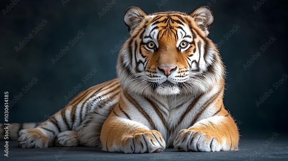 Obraz premium Majestic tiger lying calmly with a fierce cybernetic expression on a dark blue studio background highlighting its powerful and formidable presence as the apex predator of the wild