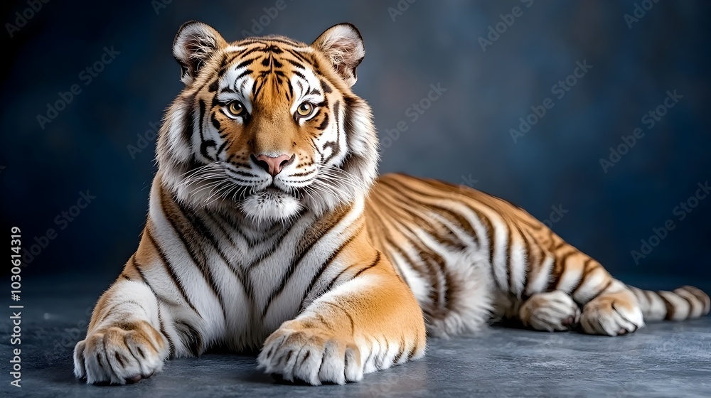 Captivating full body studio shot of a majestic tiger lying down against a dark blue background highlighting its fierce cybernetic expression and monochromatic color scheme