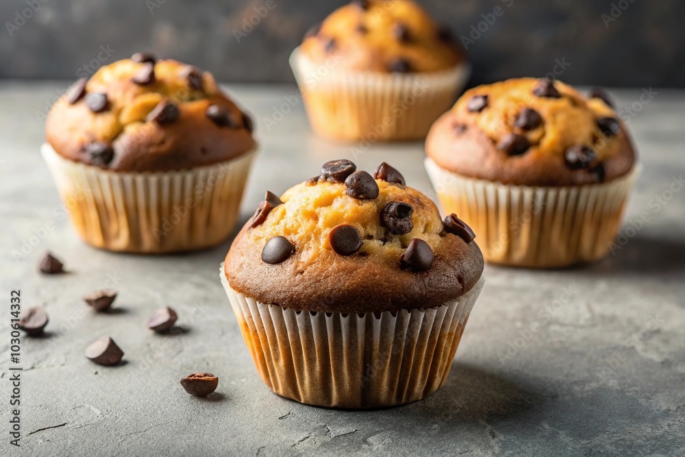 Homemade muffins with dark chocolate chips on a white plate Homemade muffins with dark chocolate chips on a white plate