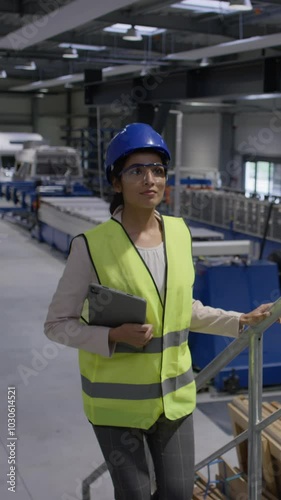 Verrtical video of Female industrial plant employee with a blue helmet and yellow vest in a business factory, handheld shot. Manufacturing, labor, and women concepts. photo