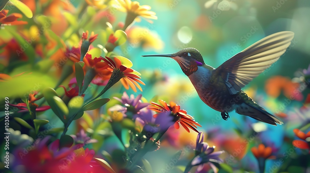 Naklejka premium Close-up of a hummingbird hovering near a vibrant cluster of flower.