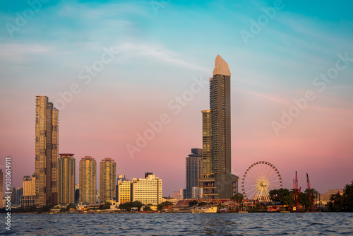 Pink and blue Skyline of Bangkok, Thailand during sunset