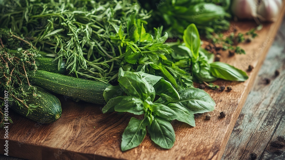 Fresh herbs and spices arranged on a wooden cutting board, perfect for enhancing culinary creations in a cozy kitchen Fresh herbs and spices arranged on a wooden cutting board, perfect for enhancing culinary creations in a cozy kitchen