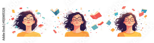 Dreaming girl book lover cartoon vector concepts. Young woman close up glasses closed eyes face avatars portrait flying tome folios pages around, nerd student character isolated illustrations
