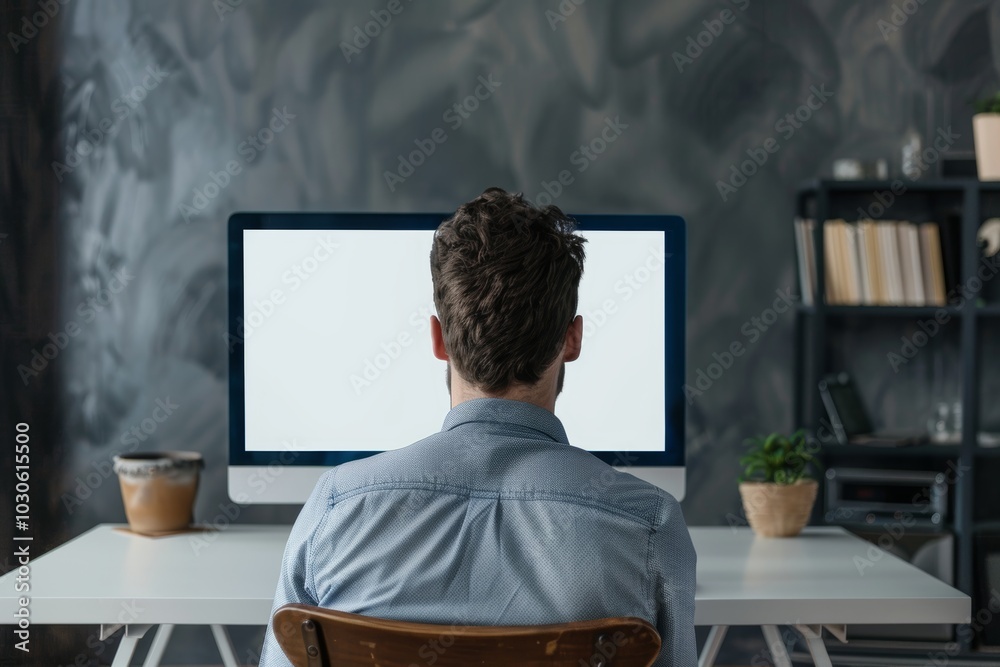 Digital mockup man in his 40s in front of a computer with a fully grey screen