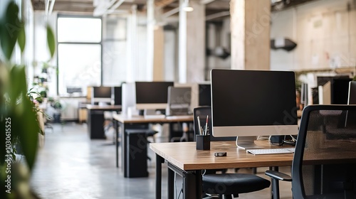 Modern office workspace with large windows and minimalist design in a high-rise building overlooking the city skyline