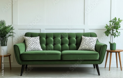 Elegant green sofa with decorative pillows in a modern living room setting during daylight