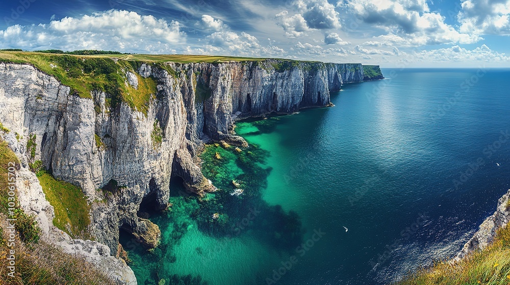 A breathtaking coastal landscape with turquoise waters and rocky shores under a clear blue sky
