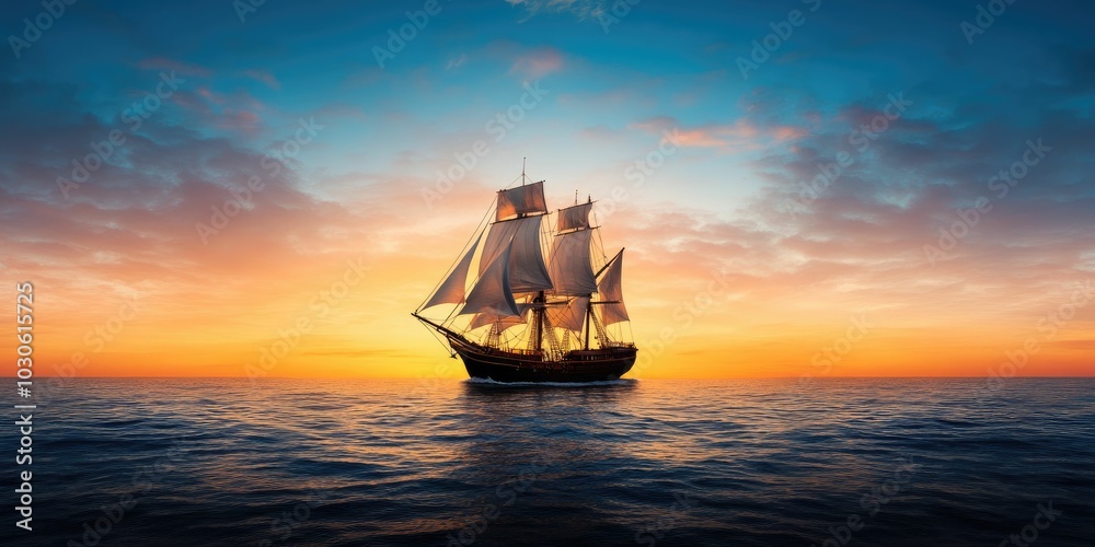 A majestic sailboat sails across the open ocean with a colorful sunset in the background. A majestic sailboat sails across the open ocean with a colorful sunset in the background.