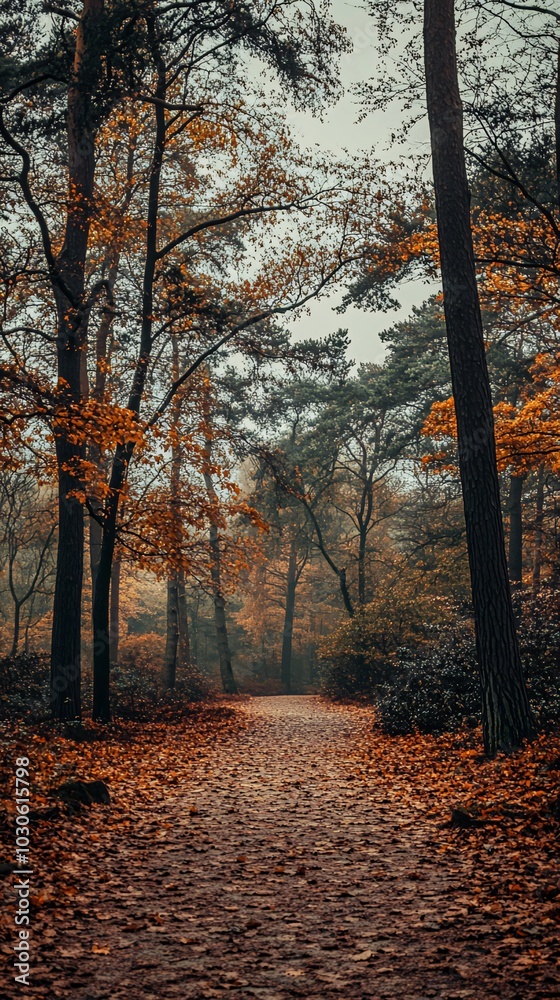 A path through an autumn forest, covered in fallen leaves.